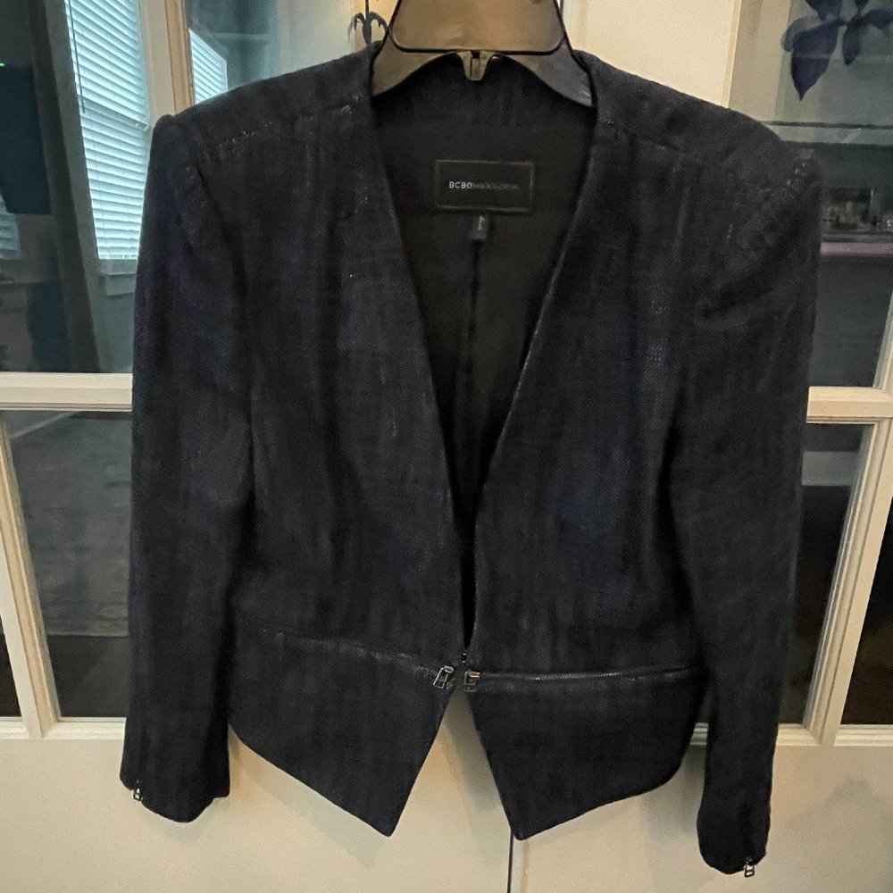 BCBG Maxazria women's navy linen/cotton tweed jacket with zipper detail size L